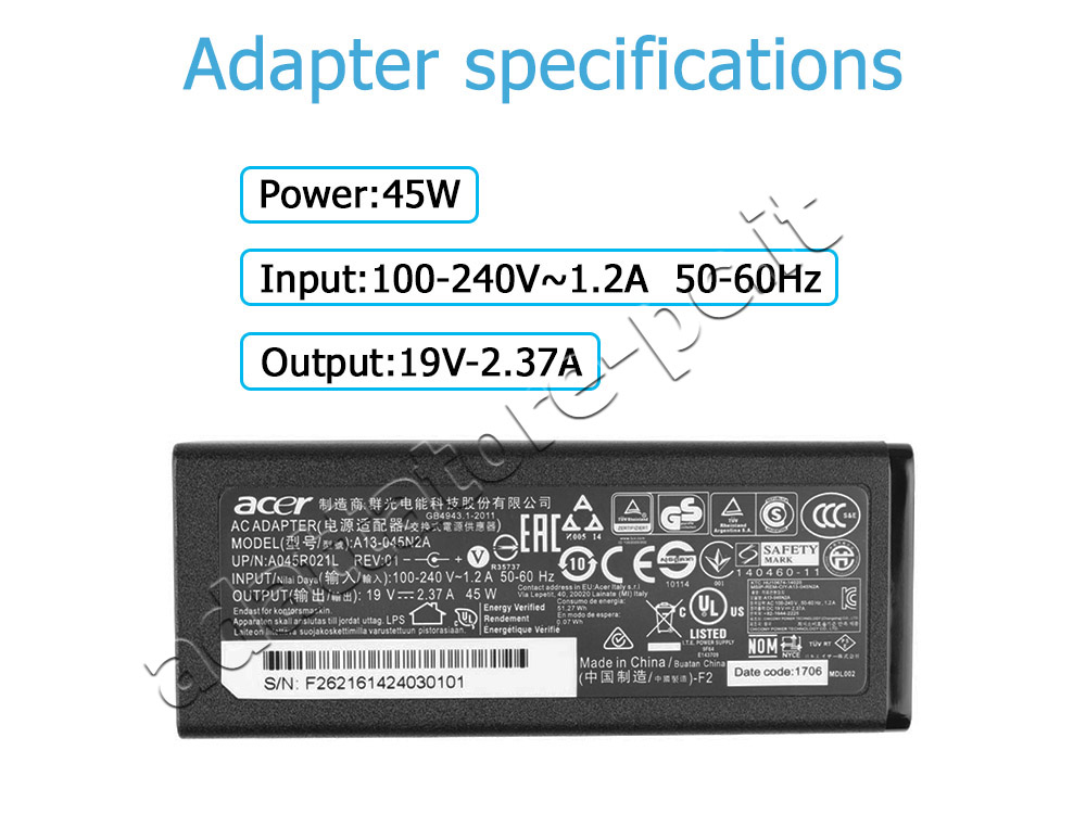 Alimentatore Adattatore Acer Aspire Switch 11V SW5-173-60VD 45W + Cavo