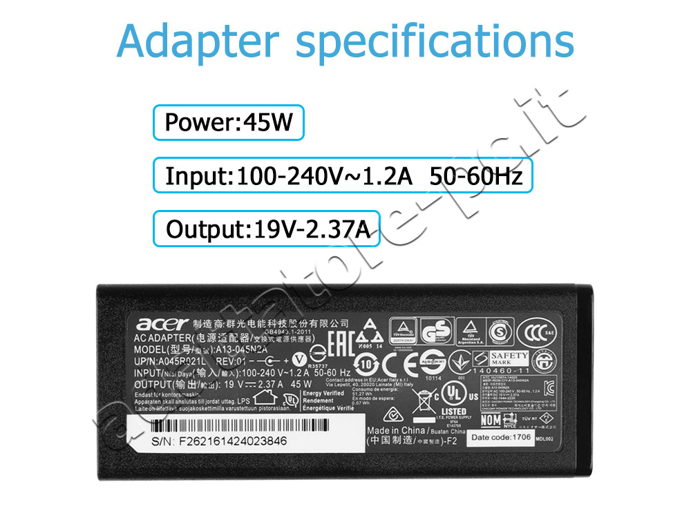 Originale Delta Acer ADP-45FE F ADP-45HE D Alimentatore Adattatore 45W