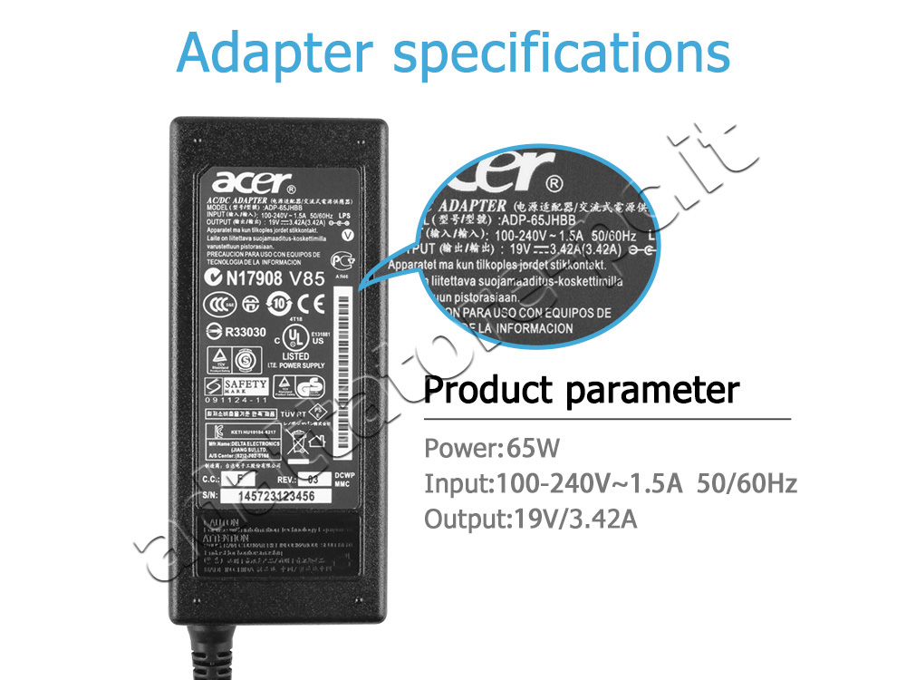 Originale Alimentatore Adattatore Acer Aspire 1 A114-32-C1SS 65W