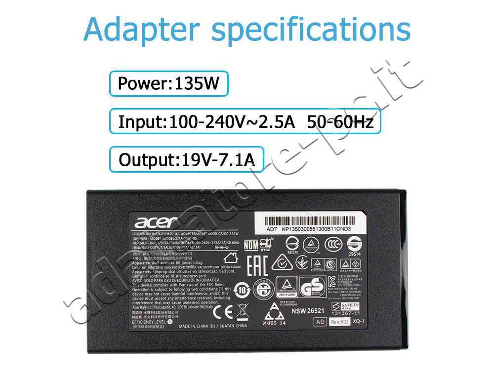 Originale Alimentatore Acer Aspire 7 A715-71G-743K 135W + Cavo Libero