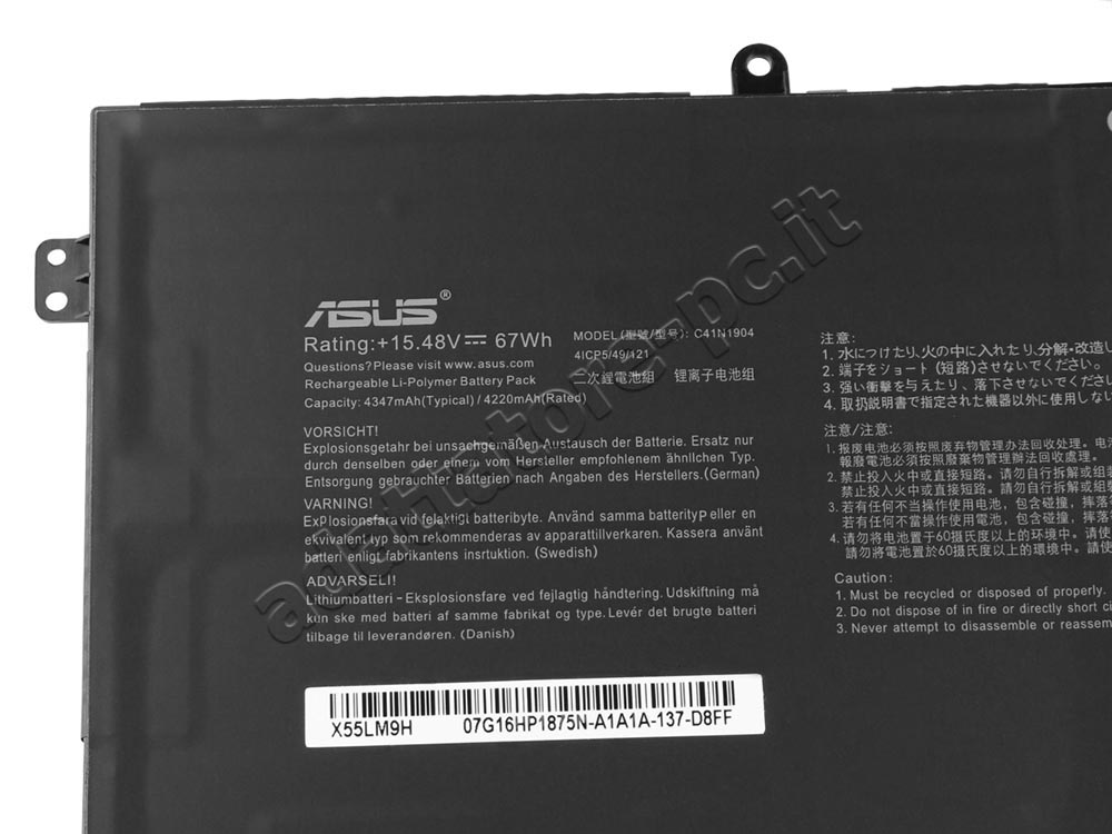 Originale 4347mAh 67Wh 4-Cell Asus C41N1904 C41N1904-1 Batteria