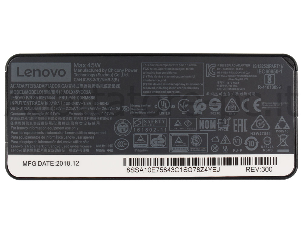 45W Lenovo 500e Chromebook 2nd Gen 81MC0001US Alimentatore Adattatore