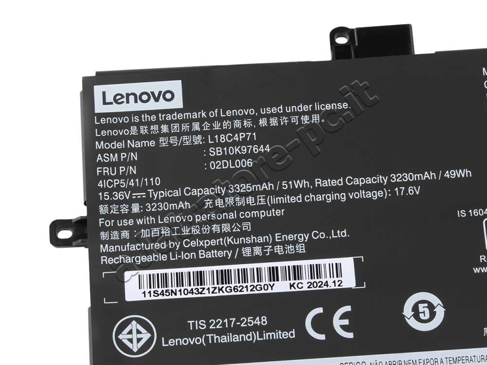 3312mAh 51Wh 4-Cell Lenovo ThinkPad X1 Carbon 7th Gen 20QD0038MD Batteria