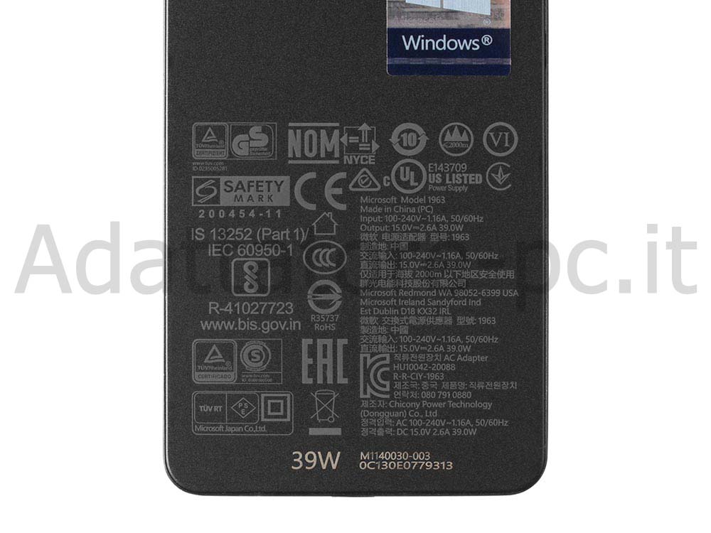 Originale 39W Surface Laptop Go 1943 Alimentatore Adattatore + Cavo